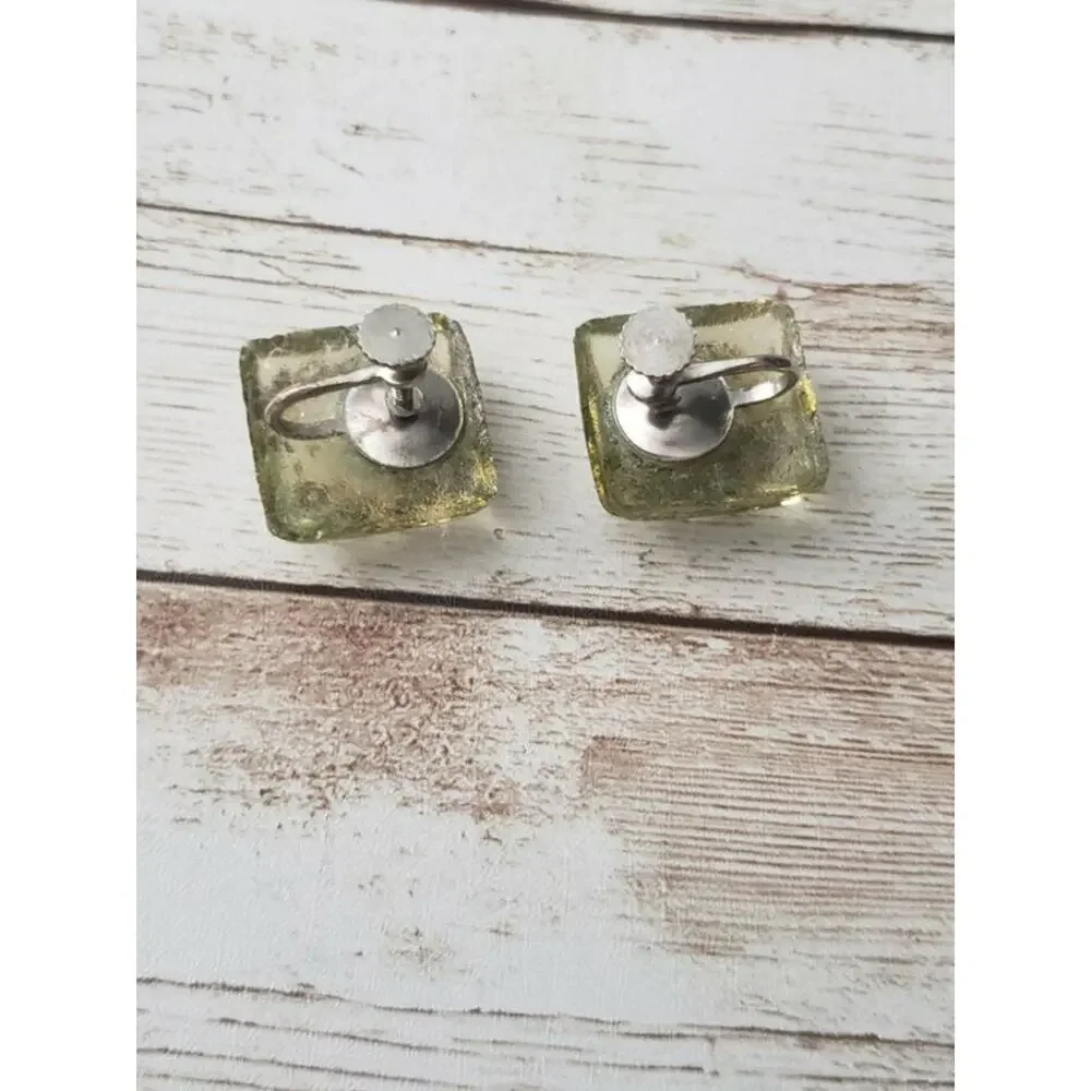 Vintage Screw On Earrings - Green Shell Square